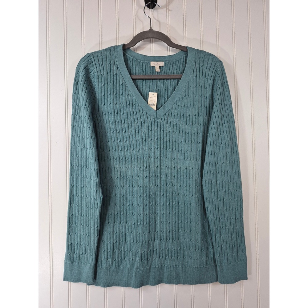 NWT Talbots Woman V-Neck Cable Knit Sweater 1X Teal Blue 100% Cotton Long Sleeve